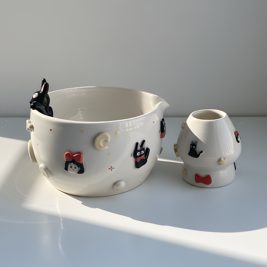Handcrafted 3D Black Cat Ceramic Matcha Bowl with Spout, Cute Kitten Embossed Matchawan, Whimsical Cozy Black Cat Tea Cup, Gift for Cat Lover • HX16