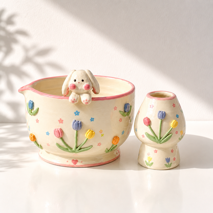 Cute 3D Bunny & Tulip Ceramic Matcha Bowl and Whisk Holder Set • HX04