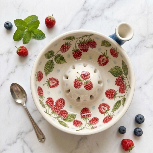 Handmade Raspberry Berry Bowl with Handle & Pour Spout, Ceramic Berry Colander, Fruit Washing Bowl, Cottagecore Kitchen Gift | LA102