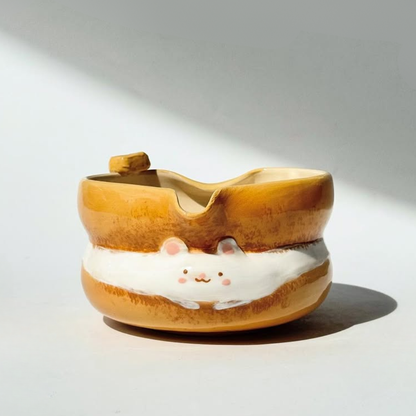 Handmade Cute Toast Bear Cream Sandwich Ceramic Matcha Bowl Set | Spouted Chawan & Whisk Holder • HX57
