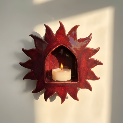 Handcrafted Red Sunburst Ceramic Wall Candle Sconce, Burgundy Sun Medallion Tealight Holder • HX35