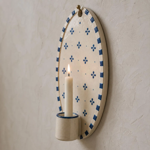 Blue Floral Wall Candle Holder, Handmade Ceramic Wall Sconce, Mediterranean Decor, Cottagecore Wall Decor, Housewarming Gift | LA124
