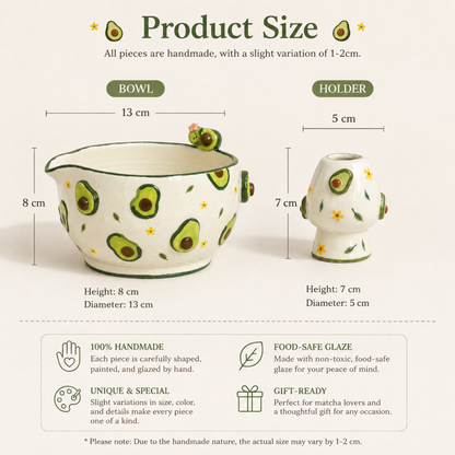 Cute Avocado Floral Ceramic Matcha Set – Handcrafted Spouted Bowl with 3D Avocado Figurine & Whisk Holder • HX59