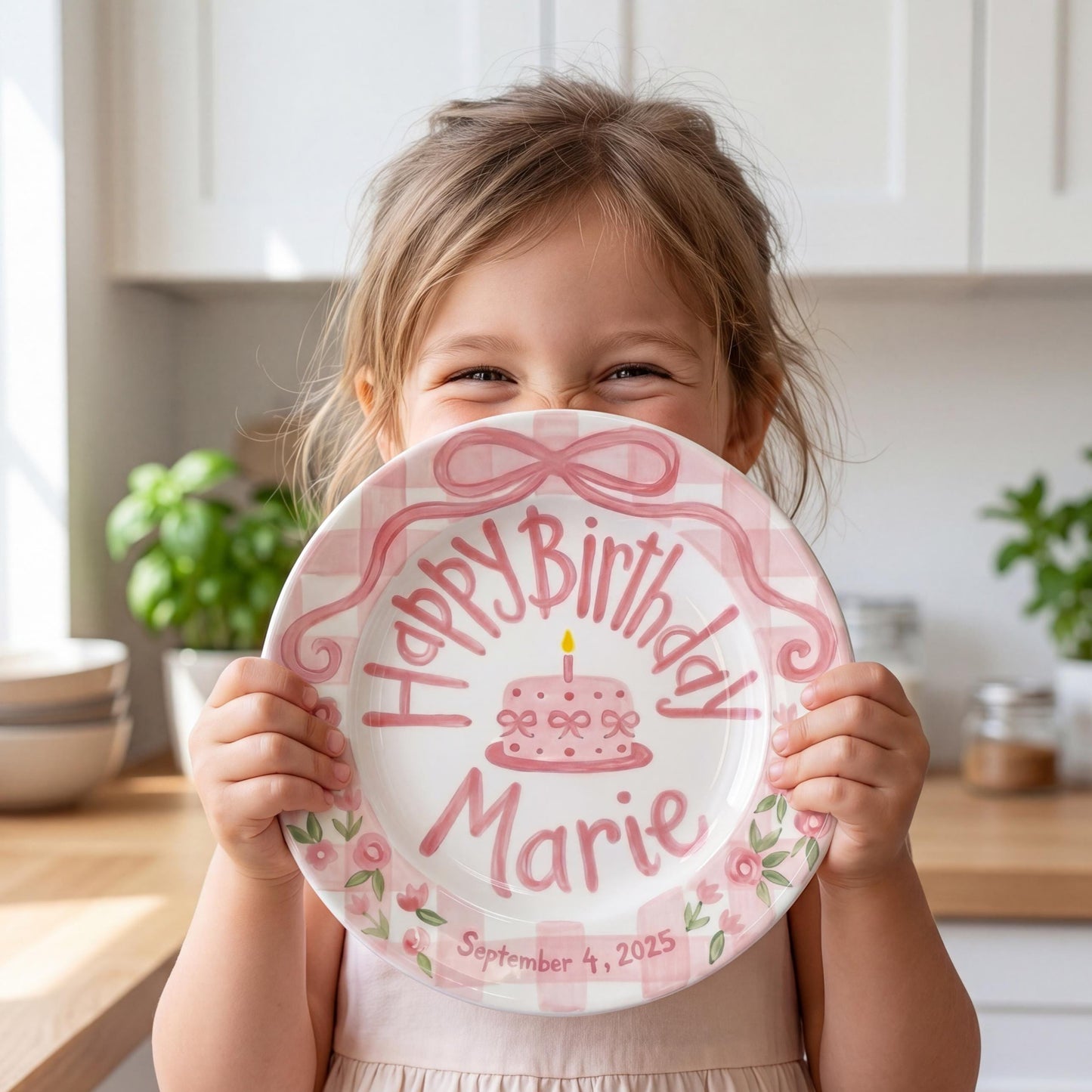 Personalized Birthday Plate – Pink Gingham Bow, Floral & Cake Design | B069