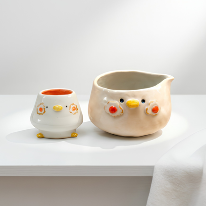 Handmade Kawaii Chick Ceramic Matcha Bowl Set | Aesthetic Breakfast Tea Set • HX60
