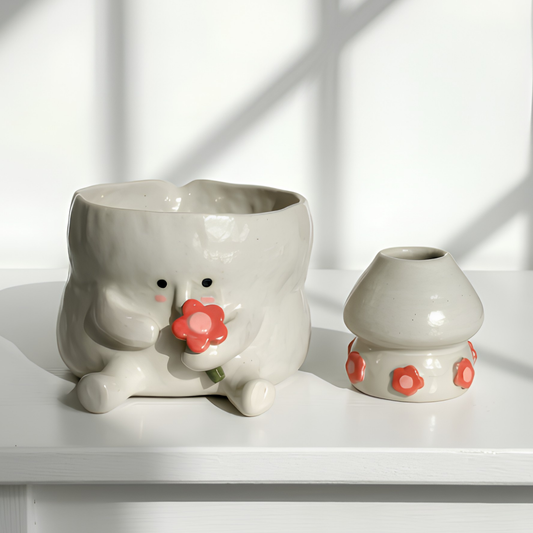 Handcrafted Flower Giving Creature Ceramic Matcha Bowl and Whisk Holder Set • HX44