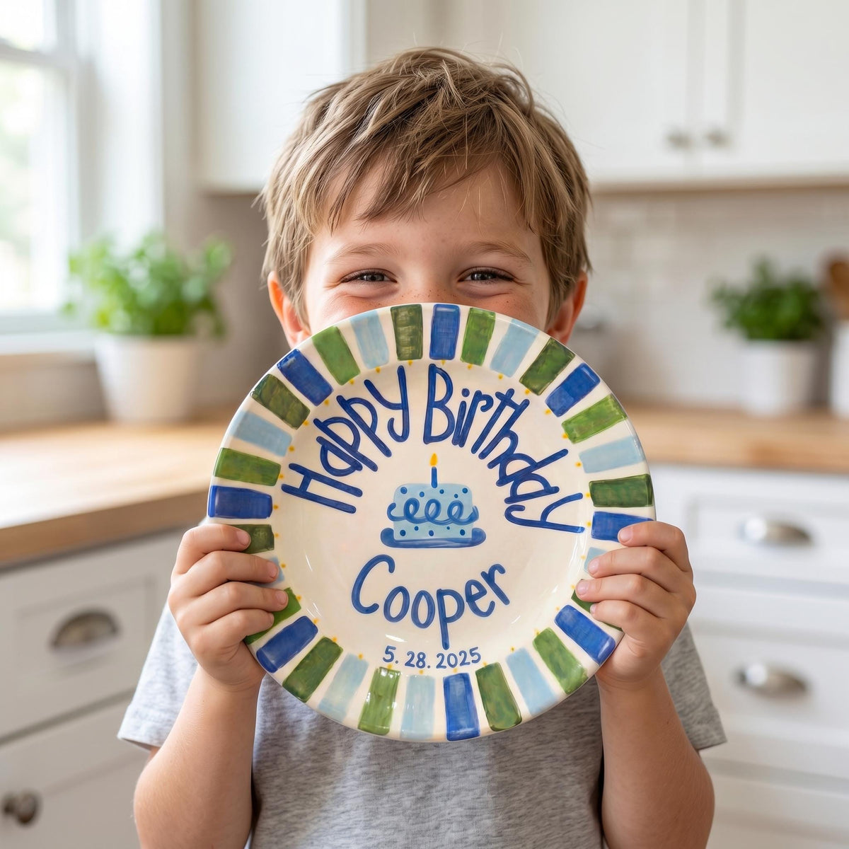 Custom Name Birthday Plate – Blue Cake with Green and Blue Striped Border | B049