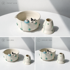 Handcrafted Sweet Cat & Tiny Cake 3D Ceramic Matcha Bowl and Whisk Holder Set – Pastel Mint Star Edition • HX13