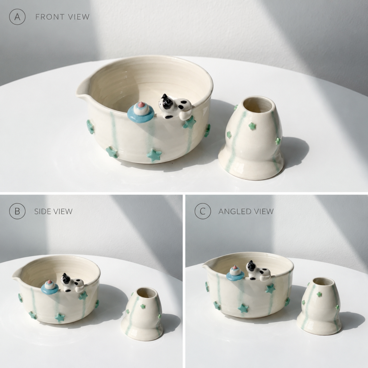 Handcrafted Sweet Cat & Tiny Cake 3D Ceramic Matcha Bowl and Whisk Holder Set – Pastel Mint Star Edition • HX13