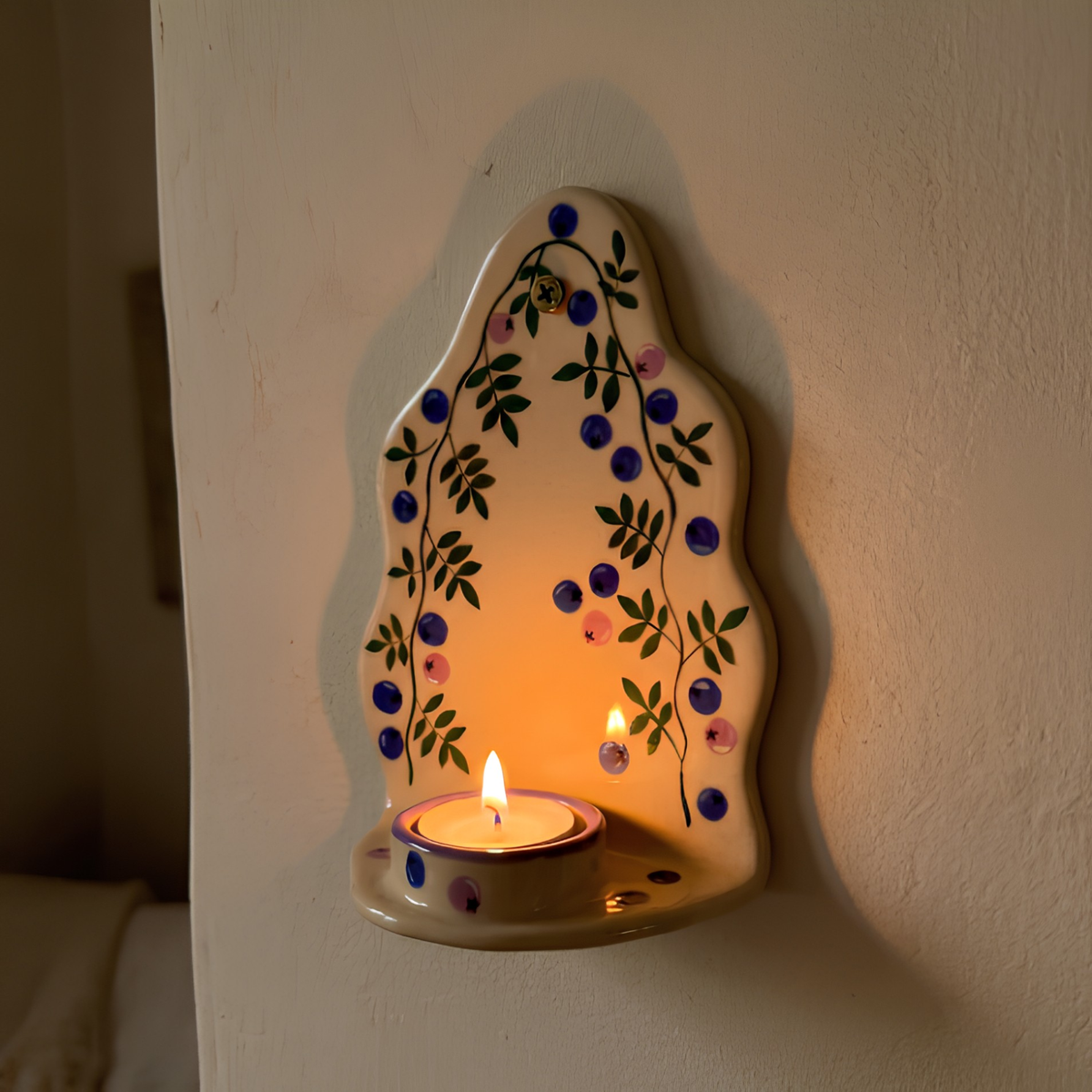 Handcrafted Blueberry Ceramic Wall Candle Sconce, Hand-painted Botanical Tealight Holder, Cute Cottagecore Home Decor • HX39