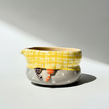 Handmade Cozy Hiding Cat Ceramic Matcha Bowl Set | Kawaii Plaid Tea Set • HX56