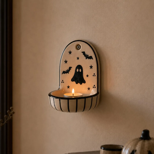Handmade Ceramic Halloween Ghost Wall Sconce Candle Holder, Vintage Spooky Black Bat Tealight Holder Wall Hanging, Halloween Decor • HX48