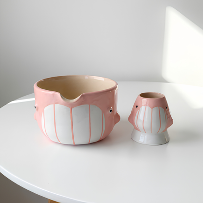 Cute Pink Dolphin Ceramic Matcha Bowl and Whisk Holder Set – Handcrafted Pastel Matchawan • HX13