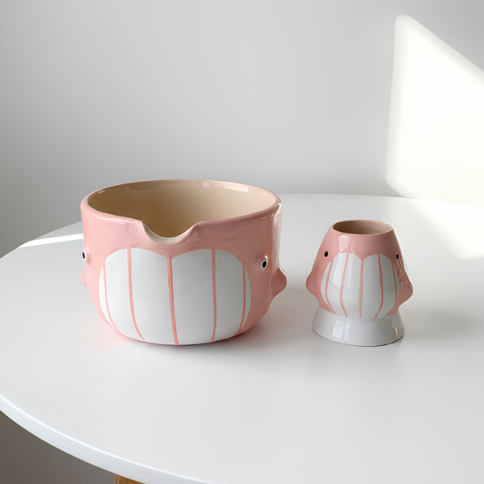 Cute Pink Dolphin Ceramic Matcha Bowl and Whisk Holder Set – Handcrafted Pastel Matchawan • HX13