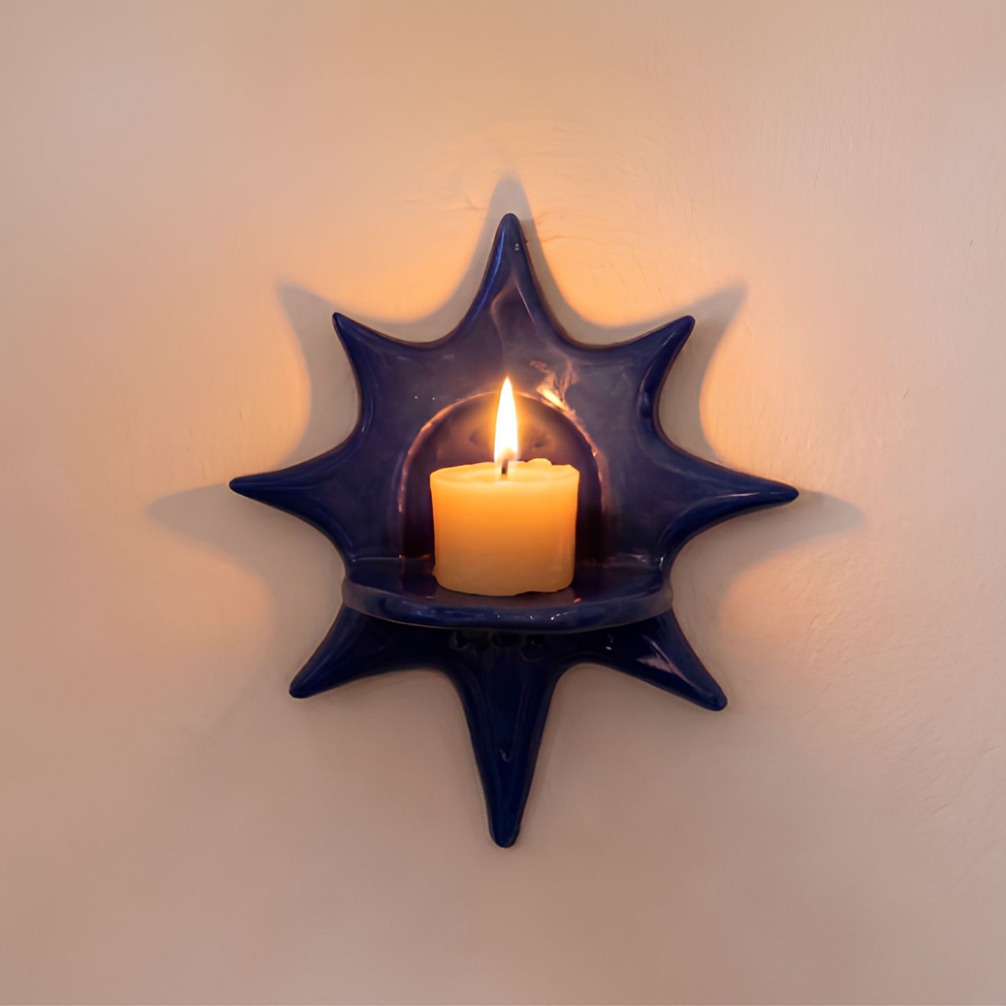 Handcrafted Sage Green Star Ceramic Wall Candle Sconce, Matte Mint Sunburst Celestial Tealight Holder • HX34