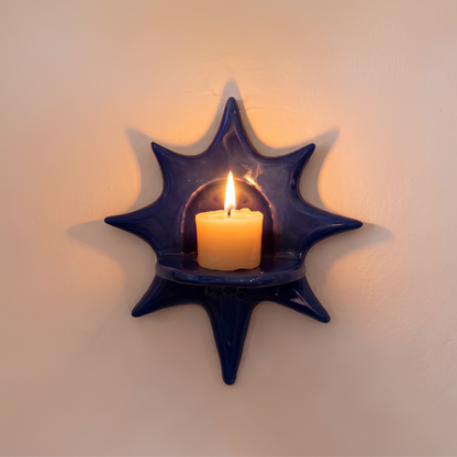 Handcrafted Sage Green Star Ceramic Wall Candle Sconce, Matte Mint Sunburst Celestial Tealight Holder • HX34