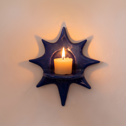 Handcrafted Cobalt Blue Star Ceramic Wall Candle Sconce, Deep Blue Celestial Starburst Tealight Holder, Whimsical Night Sky Wall Decor • HX32