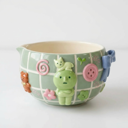 Cute Smiski 3D Pastel Ceramic Matcha Bowl and Whisk Holder Set – Handcrafted Matchawanwl • HX02