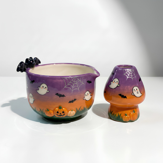 Cute Spooky Halloween Ceramic Matcha Set, Handcrafted Ghost & Pumpkin Matchawan Bowl with Spout and Bat, Spooky Season Gift • HX45