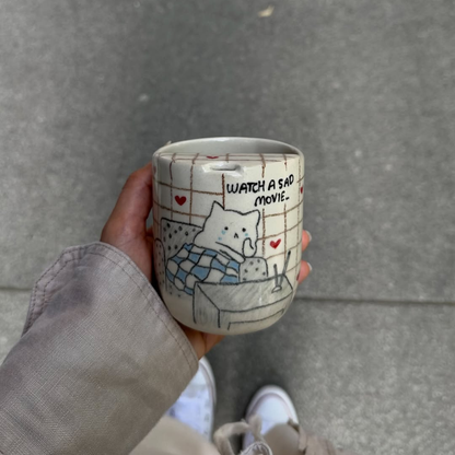 Handcrafted Ceramic Travel Mug with Built-in Lid, "Watch a Sad Movie" Cute Crying Cat Commuter Cup • HX23
