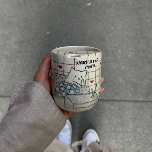 Handcrafted Ceramic Travel Mug with Built-in Lid, "Watch a Sad Movie" Cute Crying Cat Commuter Cup • HX23