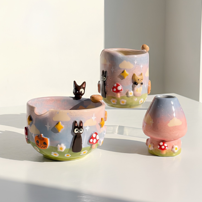 Studio Ghibli Jiji the Black Cat & Mushroom 3D Handcrafted Ceramic Matcha Bowl and Whisk Holder Set • HX19
