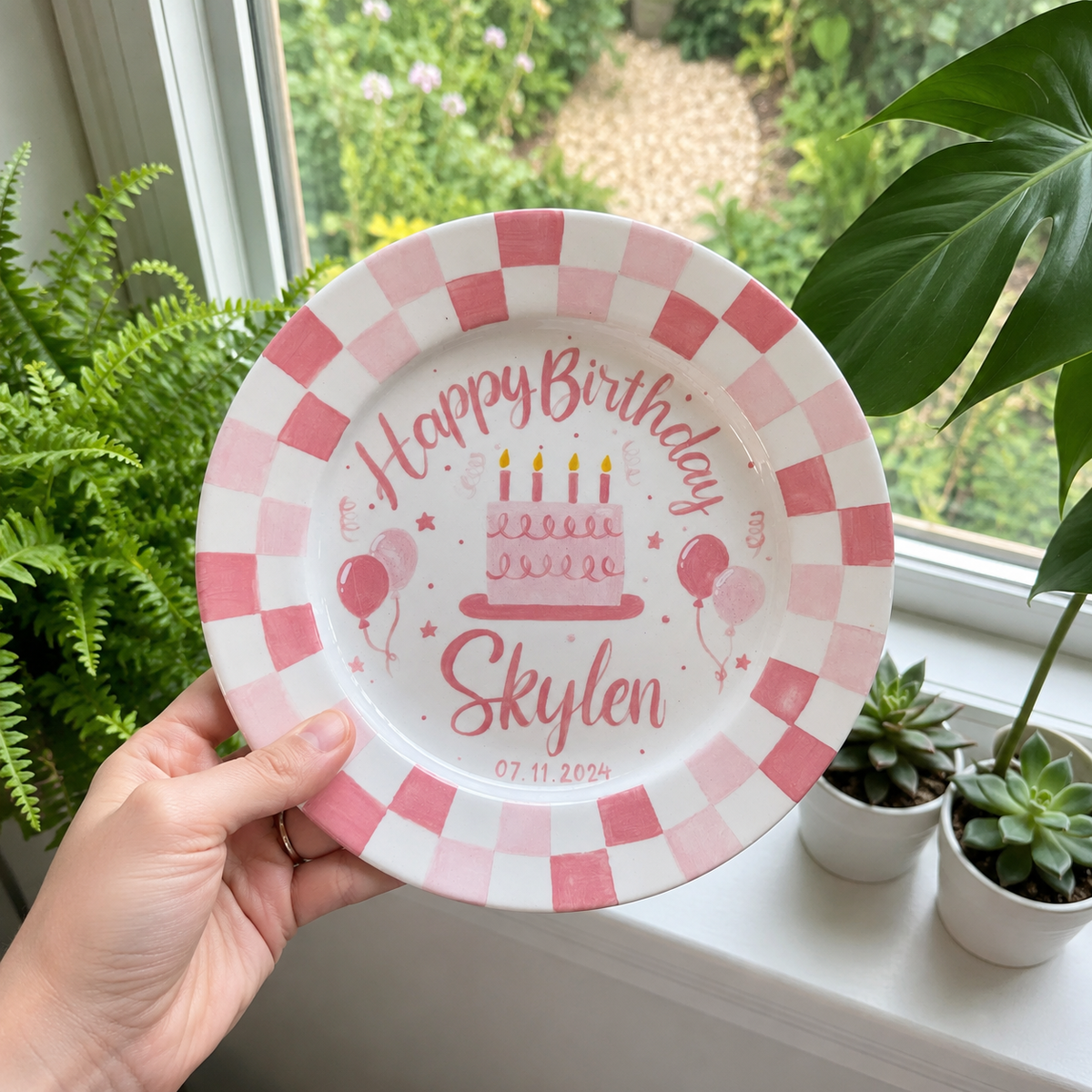 Personalized Birthday Plate – Custom Name with Pink Checkered Rim & Cake Design – Birthday Gift | BGI013