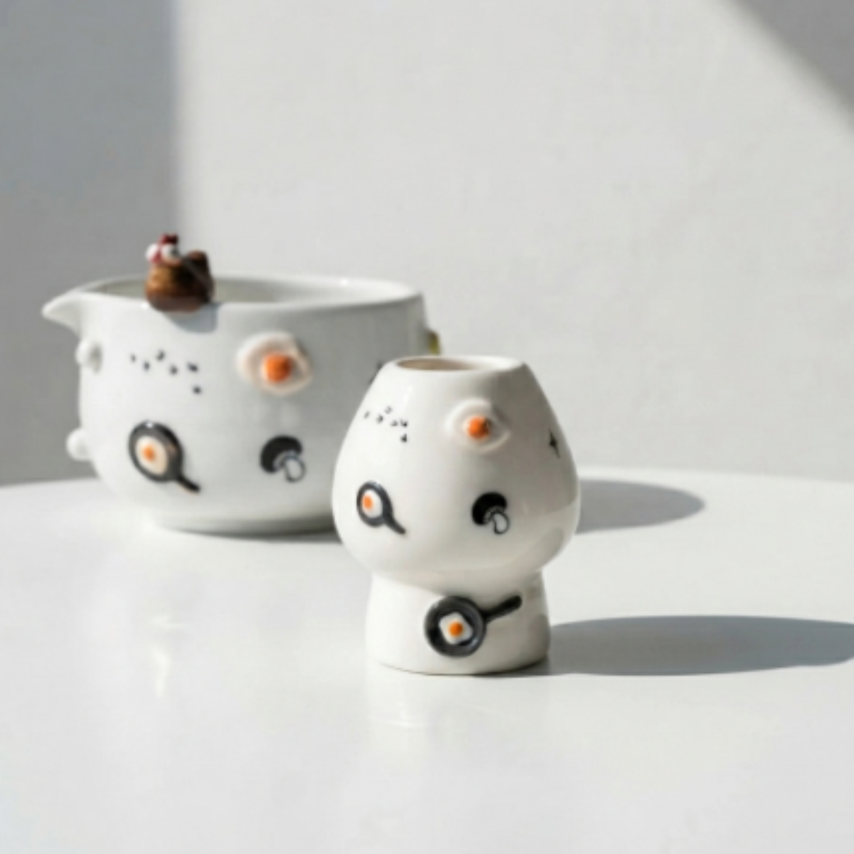 Cute 3D Chicken & Fried Egg Ceramic Matcha Bowl and Whisk Holder Set • HX02