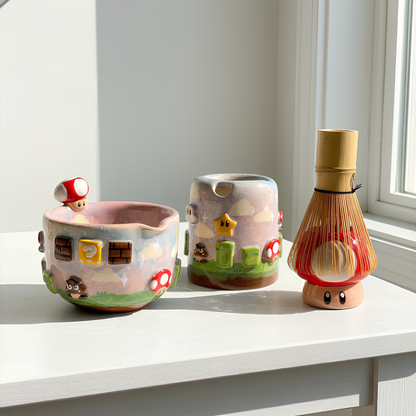 Handcrafted Mario World 3D Ceramic Matcha Bowl, Travel Mug & Super Mushroom Whisk Holder Set • HX20