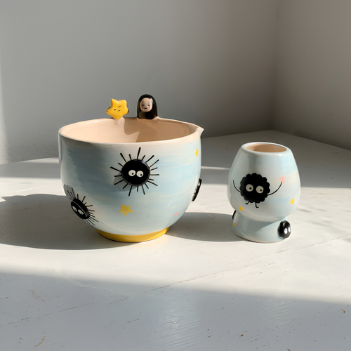 Spirited Away No-Face & Soot Sprite 3D Handcrafted Ceramic Matcha Bowl and Whisk Holder Set • HX18