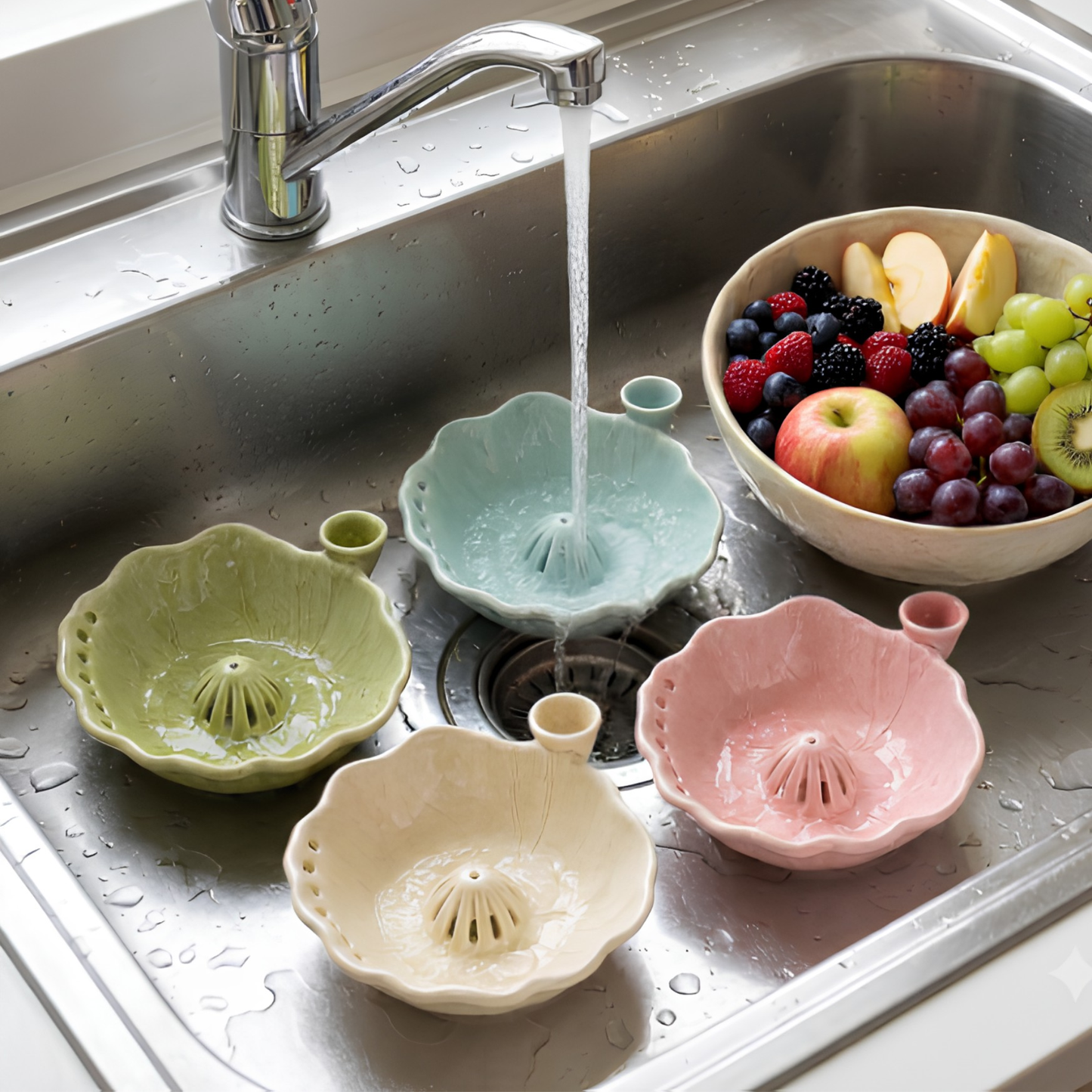 Handcrafted Ceramic Berry Colander with Water Spout, Self Draining Fruit Washing Bowl, Pottery Strainer Bowl • HX52