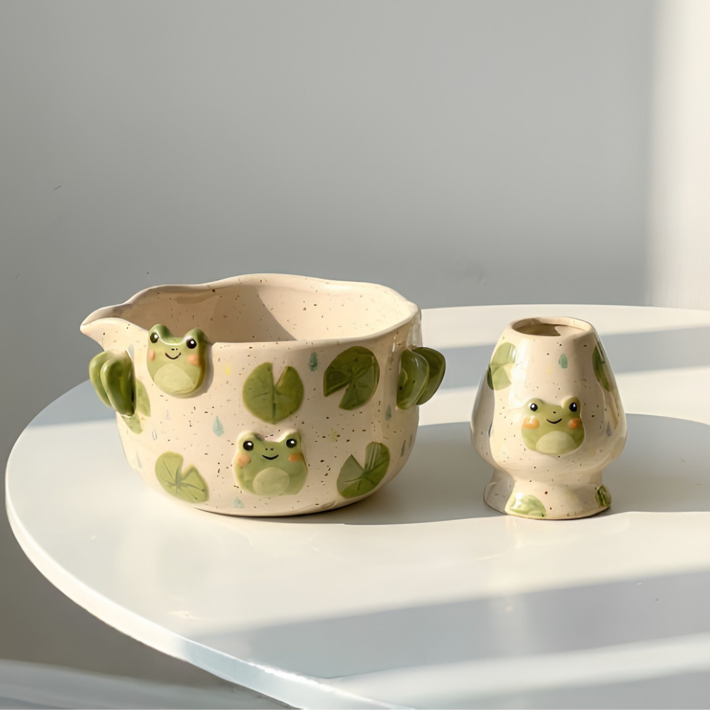 Handmade Cute Frog Ceramic Matcha Bowl Set | Kawaii Lily Pad Spouted Chawan & Whisk Holder • HX55