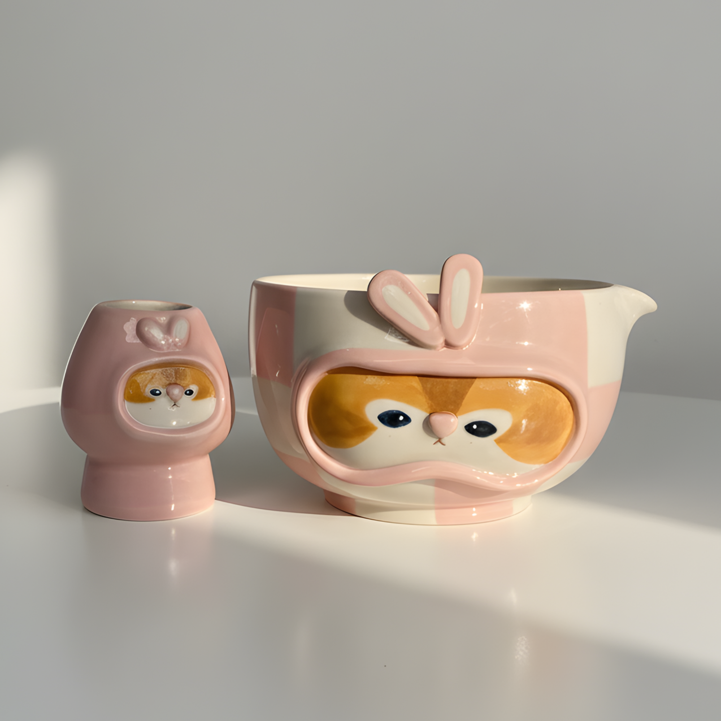 Kawaii Handcrafted Ceramic Pilot Squirrel Matcha Bowl and Whisk Holder Set – Pink Checkerboard Edition • HX28