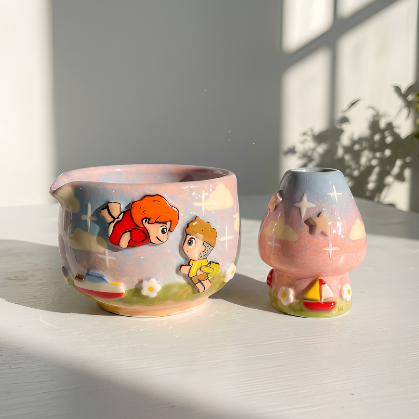 Studio Ghibli Ponyo & Sosuke 3D Handcrafted Ceramic Matcha Bowl and Whisk Holder Set • HX22