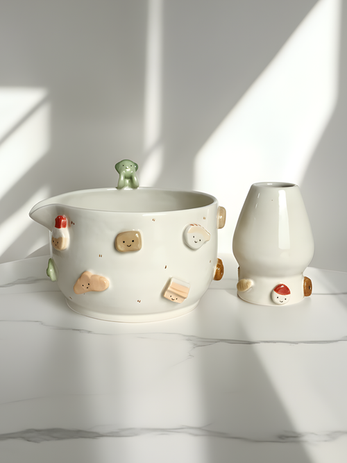 Smiski Bakery 3D Handcrafted Ceramic Matcha Bowl and Whisk Holder Set – Cozy Matchawan • HX04