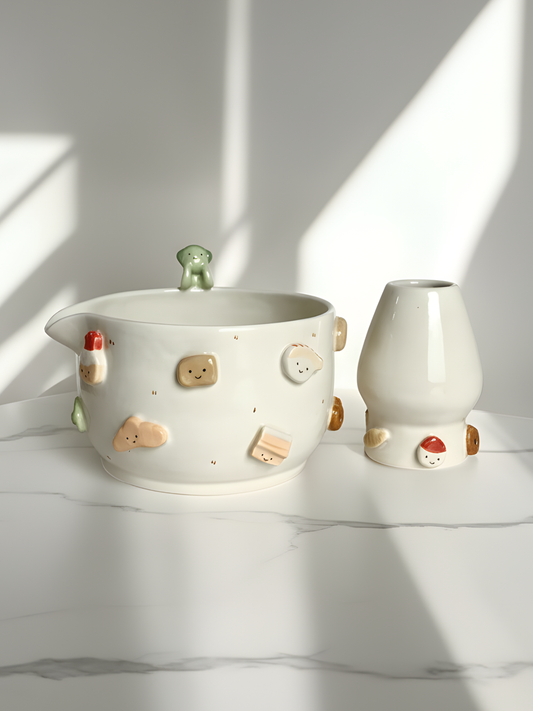 Smiski Bakery 3D Handcrafted Ceramic Matcha Bowl and Whisk Holder Set – Cozy Matchawan • HX04