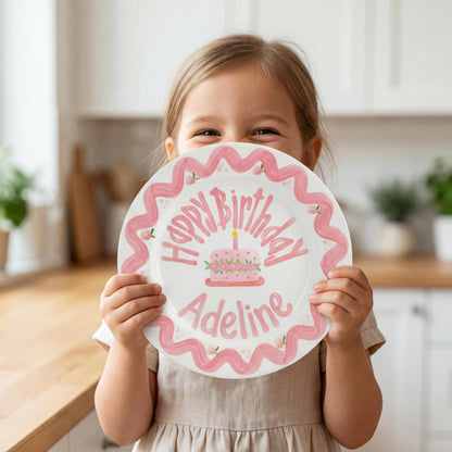 Personalized Birthday Plate – Pink Scallop Border & Cake Design | B062