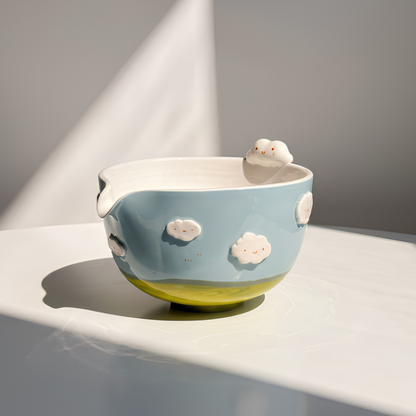 Dreamy Blue Sky & White Cloud 3D Handcrafted Ceramic Matcha Bowl and Whisk Holder Set • HX21