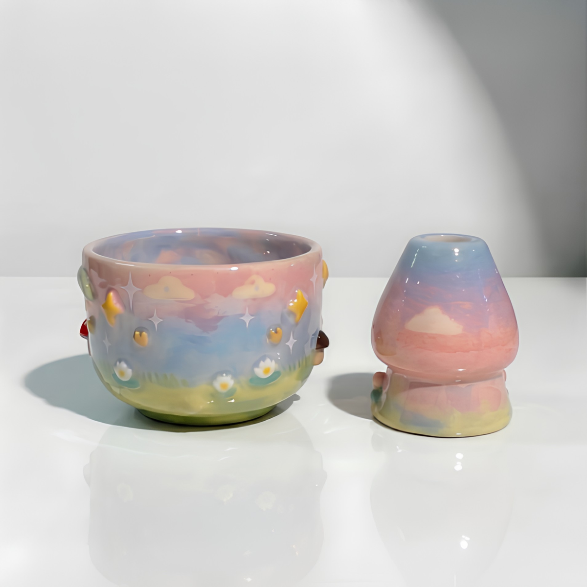 Cute Duck with Blue Bow 3D Ceramic Matcha Set, Handbuilt Duckling Matchawan and Whisk Holder • HX22