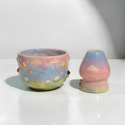 Cute Duck with Blue Bow 3D Ceramic Matcha Set, Handbuilt Duckling Matchawan and Whisk Holder • HX22