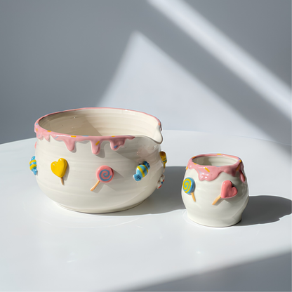 Handcrafted Sweet Candy Ceramic Matcha Bowl and Whisk Holder Set • HX25