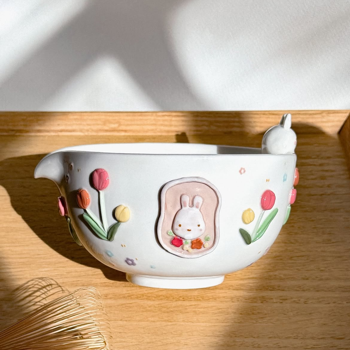 Spring Tulip Bunny 3D Handcrafted Ceramic Matcha Bowl and Flower Whisk Holder Set • HX10
