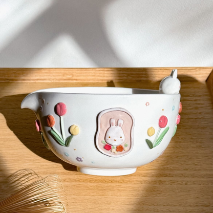 Spring Tulip Bunny 3D Handcrafted Ceramic Matcha Bowl and Flower Whisk Holder Set • HX10