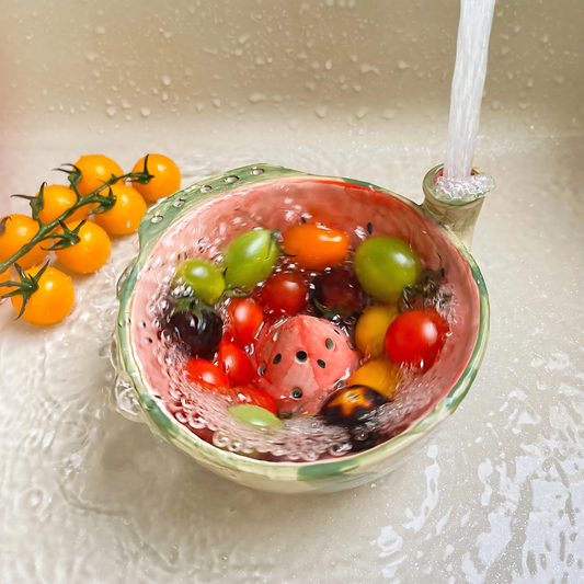 Watermelon Ceramic Berry Washing Bowl, Fruit Rinser Colander with Side Water Inlet, Fruit Gift, Hostess Gift| LA105