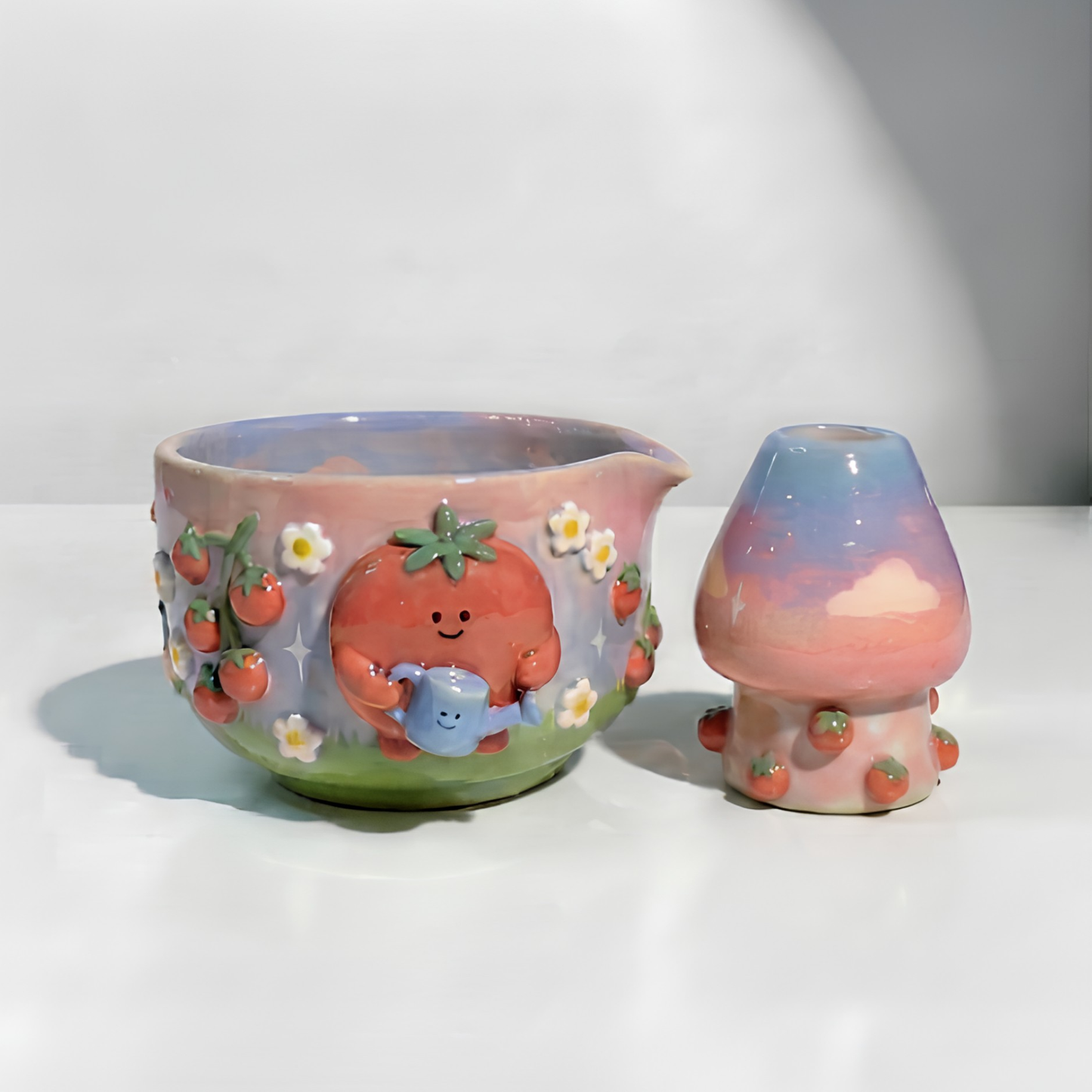 Handmade Cute Tomato Ceramic Matcha Bowl Set | Kawaii Spouted Chawan & Whisk Holder • HX54
