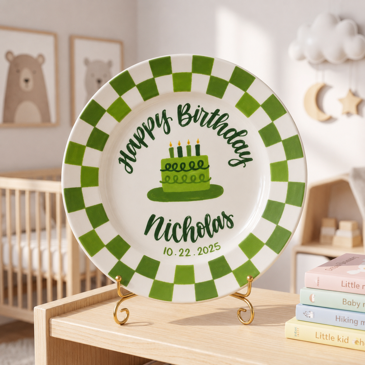 Green Checkerboard Birthday Plate, Hand-Painted Green Cake Design, Custom Name Ceramic Plate
