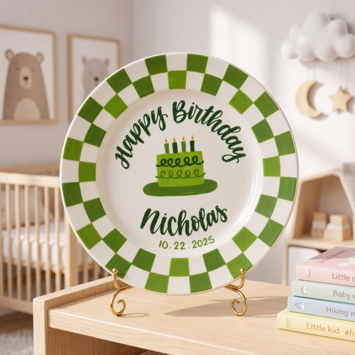 Green Checkerboard Birthday Plate, Hand-Painted Green Cake Design, Custom Name Ceramic Plate