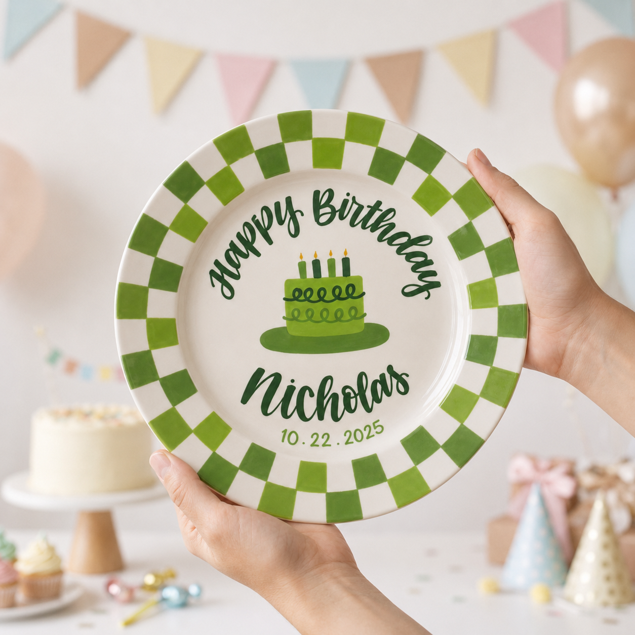 Green Checkerboard Birthday Plate, Hand-Painted Green Cake Design, Custom Name Ceramic Plate