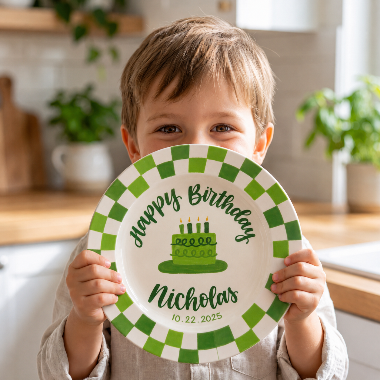 Green Checkerboard Birthday Plate, Hand-Painted Green Cake Design, Custom Name Ceramic Plate