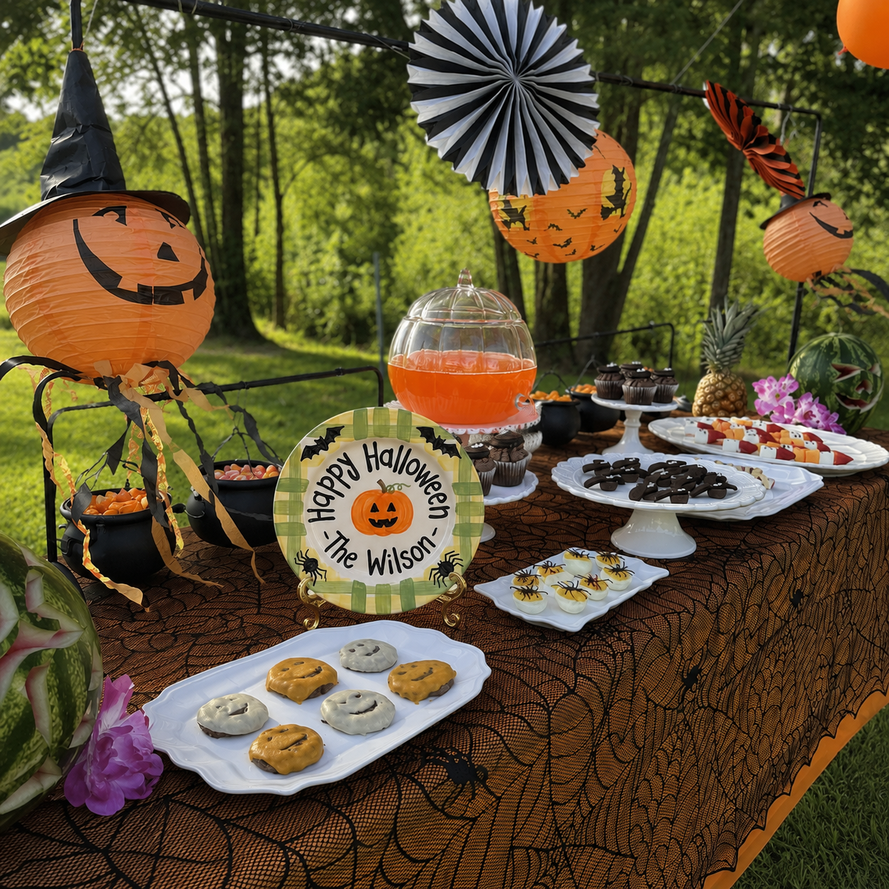 Personalized Halloween Plate, Custom Family Name Ceramic Plate, Pumpkin Bat Spider Dish, Spooky Season Tradition Keepsake | H001